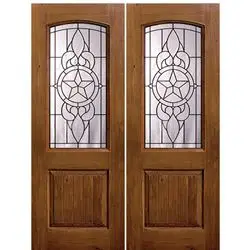 1 Panel Arch Lite Brazos, Knotty Alder Wood Grain Fiberglass Double Entry Door