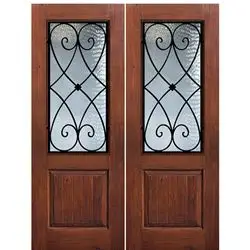 1 Panel 2/3 Lite Charleston, Knotty Alder Wood Grain Fiberglass Double Entry Door