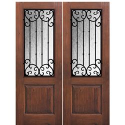 1 Panel 2/3 Lite Valencia, Knotty Alder Wood Grain Fiberglass Double Entry Door