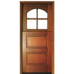 Pre-hung 6'-8" Tall 4 Lite Arched Glass Top Mahogany Dutch Door with 2 Panel Horizontal Bottom Panel
