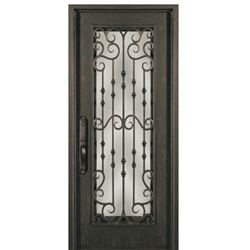 39"x81" Pre-Hung Forged Iron Entry Door with Ornate Grille Design
